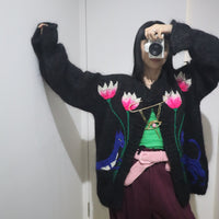 SOFIO GONGLI FLOWER KNIT CARDIGAN CHARCOAL
