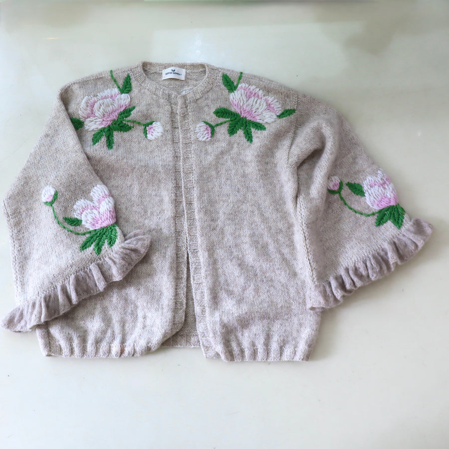 SOFIO GONGLIFRILL SLEEVE KNIT CARDIGAN GREIGE