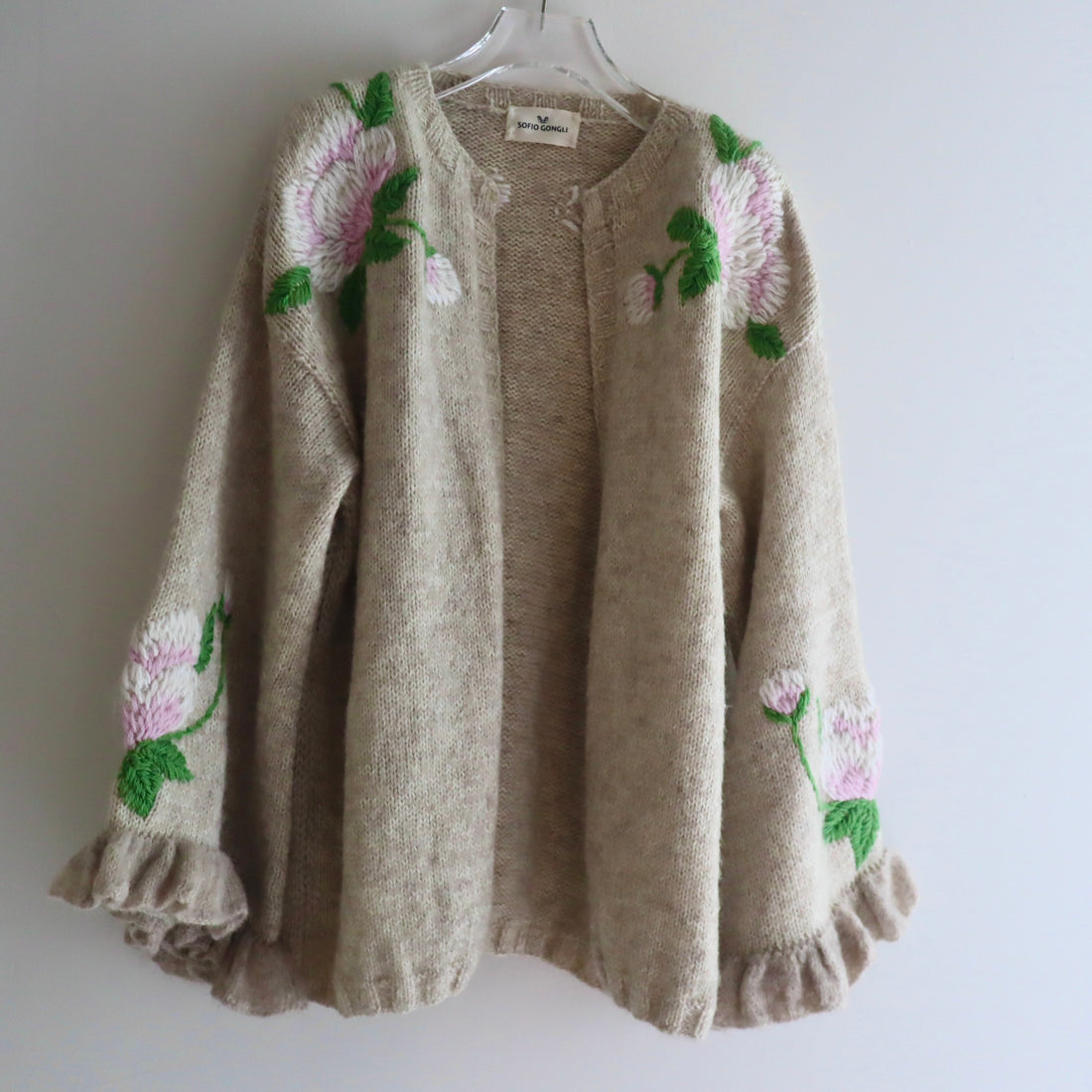 SOFIO GONGLI  FRILL SLEEVE KNIT CARDIGAN GREIGE