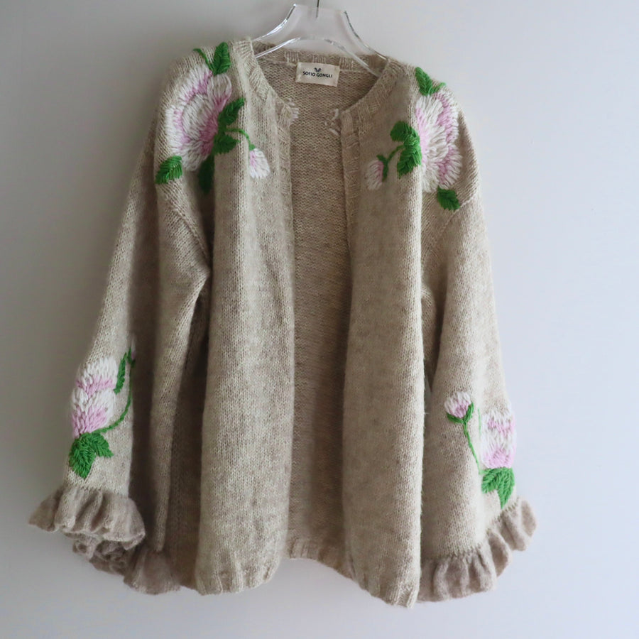 SOFIO GONGLIFRILL SLEEVE KNIT CARDIGAN GREIGE