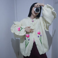 SOFIO GONGLI  FLOWER KNIT CARDIGAN "IVORY"