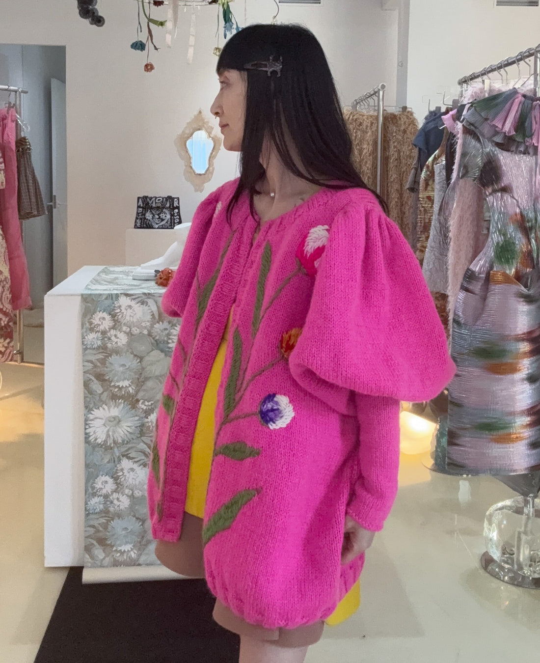 SOFIO GONGLI  FLOWER KNIT CARDIGAN PINK