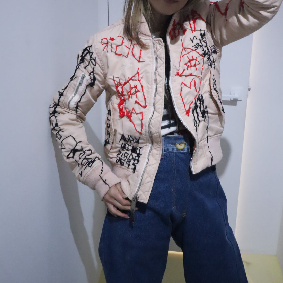 VAVA DUDU  EMBROIDERY MA-1 JACKET PINK BEIGE (A)