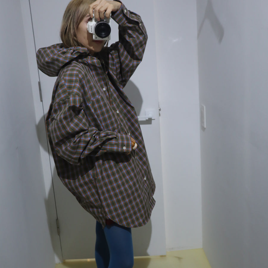 ＜EXCLUSIVE＞MERYLL ROGGECLASSIC SHIRT WITH HOOD KHAKI BROWN×ORANGE×BLUE CHECK