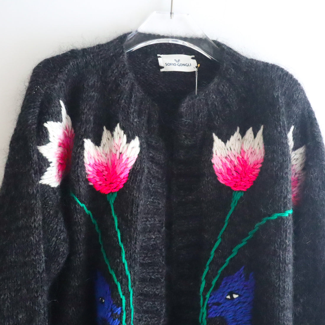 SOFIO GONGLI  FLOWER KNIT CARDIGAN CHARCOAL
