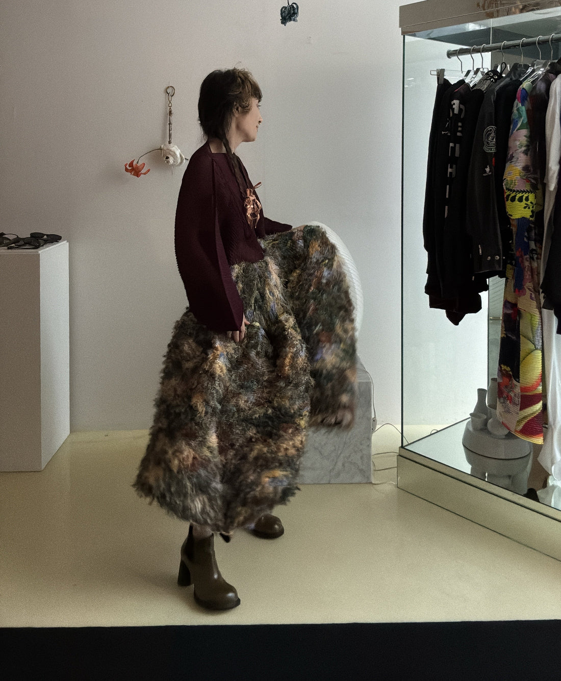 JULIA HEUER  KENZA PLEATED FURRY SKIRT IN AMBER INGRID