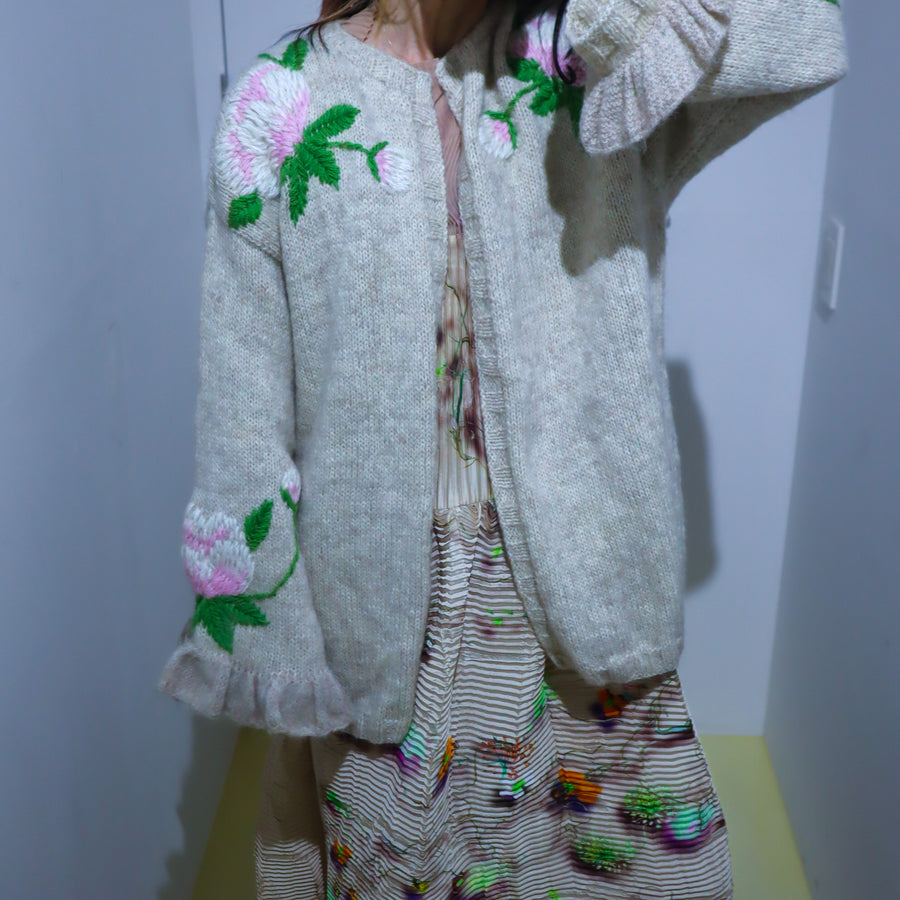 SOFIO GONGLIFRILL SLEEVE KNIT CARDIGAN GREIGE