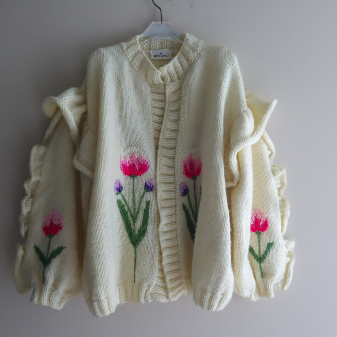SOFIO GONGLI  FLOWER KNIT CARDIGAN "IVORY"