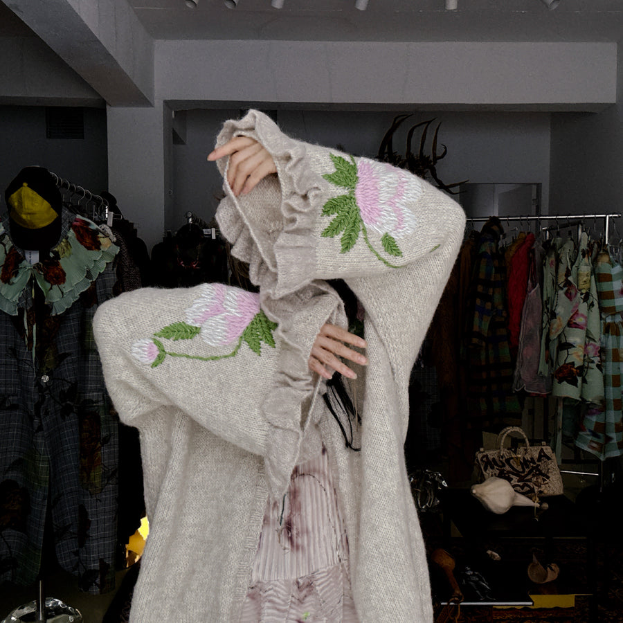 SOFIO GONGLIFRILL SLEEVE KNIT CARDIGAN GREIGE