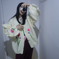 SOFIO GONGLI  FLOWER KNIT CARDIGAN "IVORY"