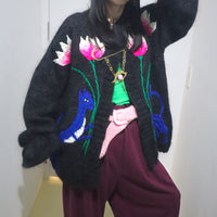 SOFIO GONGLI  FLOWER KNIT CARDIGAN CHARCOAL